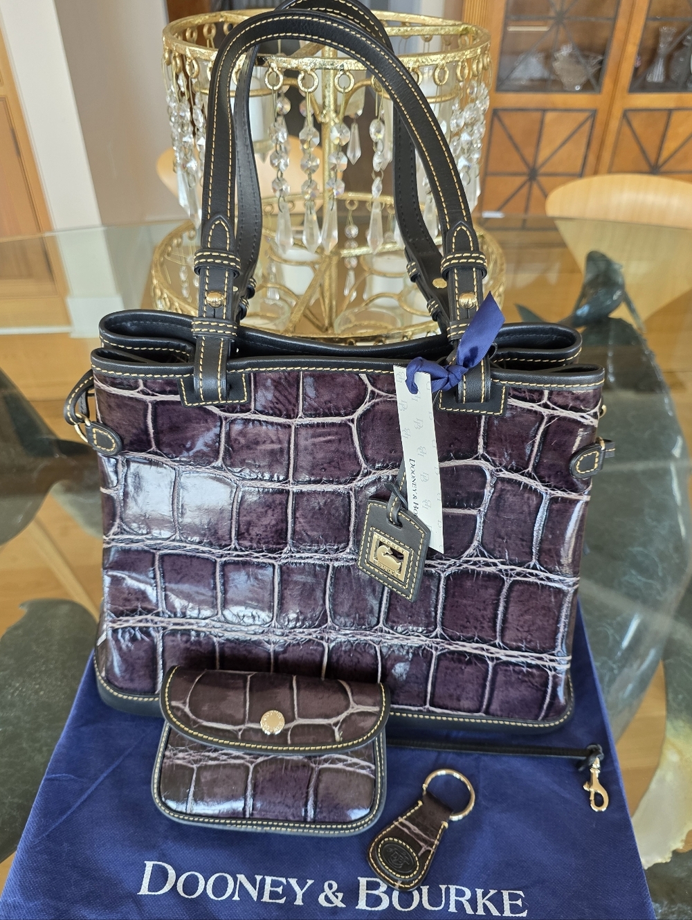 New, D&B Crocodile-Embossed Double Strap Tassel Tote Bag - Picture 4 of 16